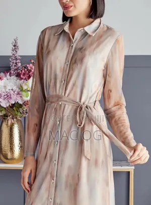 Printed Mesh Textured Midi Shirt Dress With Tie-Up Belt
