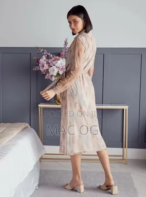 Printed Mesh Textured Midi Shirt Dress With Tie-Up Belt