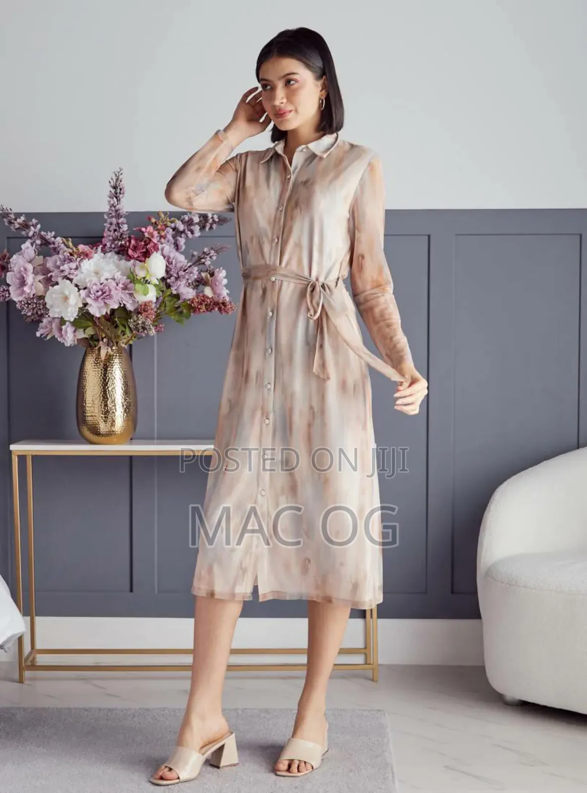 Printed Mesh Textured Midi Shirt Dress With Tie-Up Belt