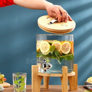 Glass Dispenser Jar With Bamboo Stand And 6 Drinking Glasses
