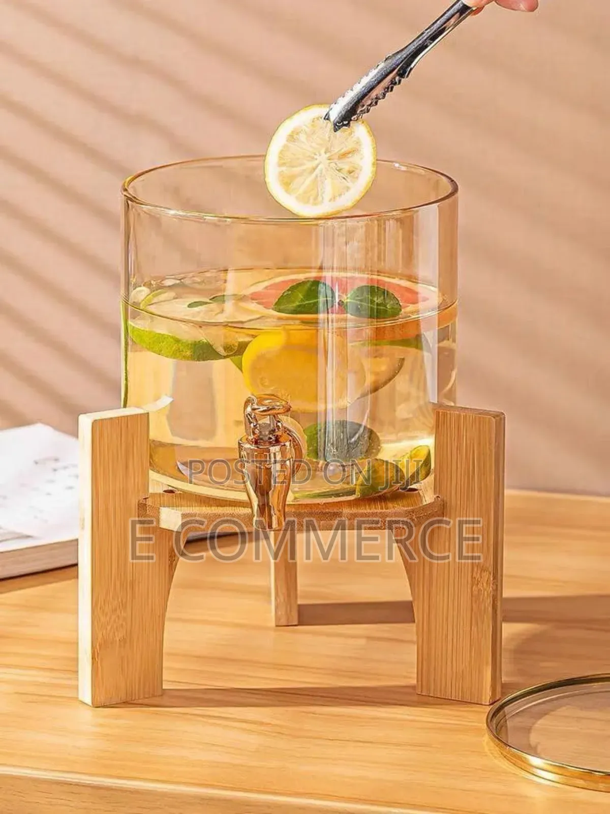 Glass Dispenser Jar With Bamboo Stand And 6 Drinking Glasses