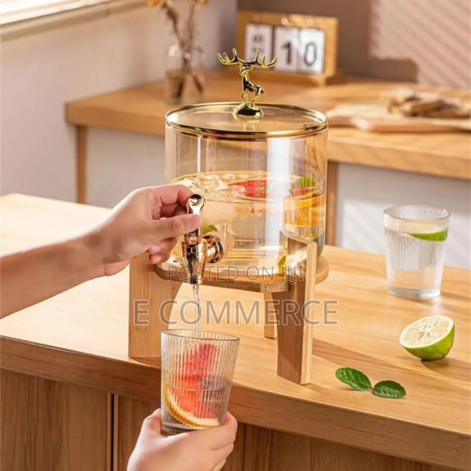 Glass Dispenser Jar With Bamboo Stand And 6 Drinking Glasses