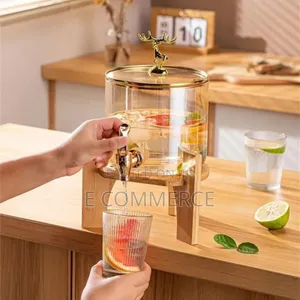 Glass Dispenser Jar With Bamboo Stand And 6 Drinking Glasses