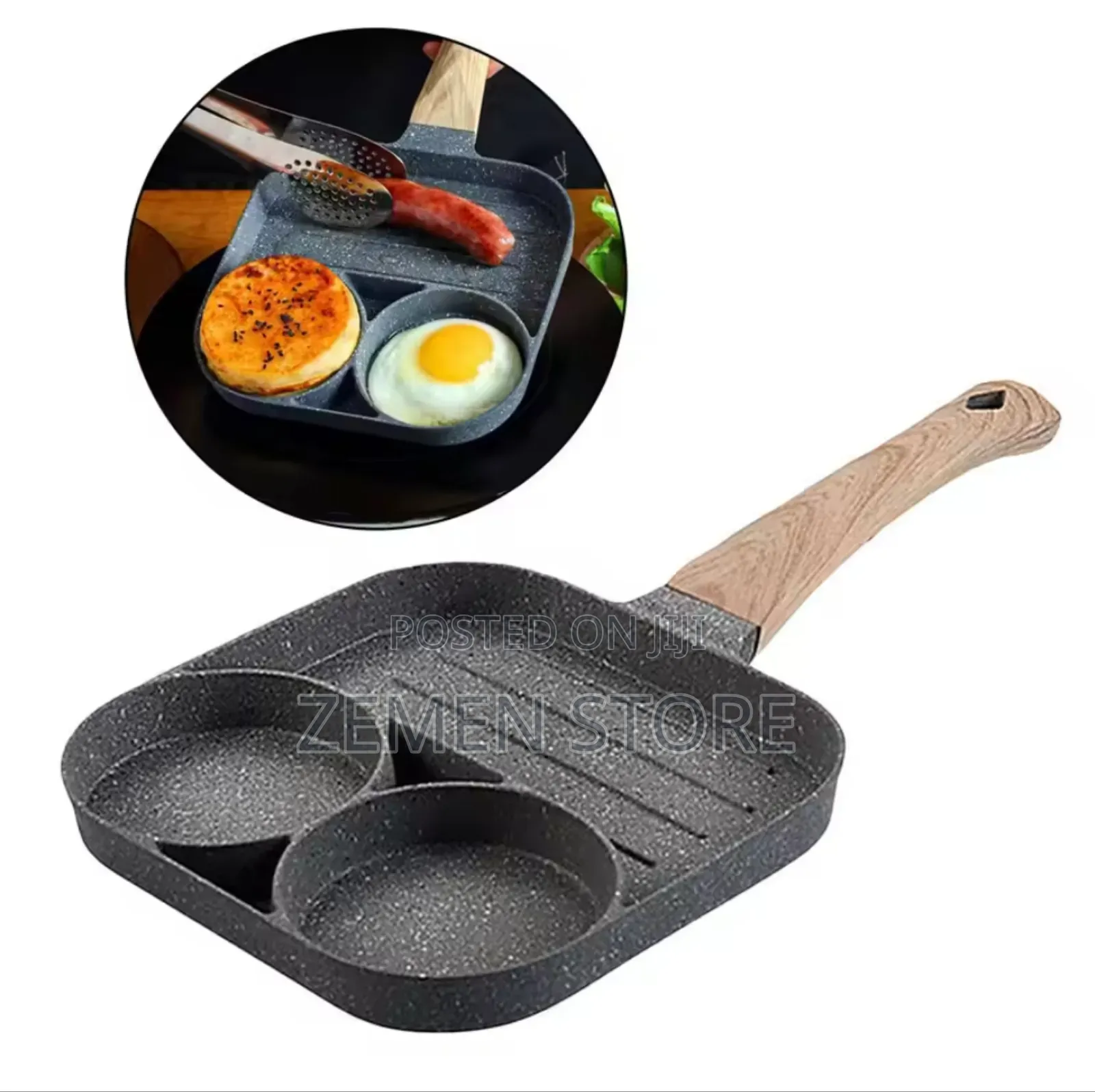 3-in-1 Non-Stick Multi-Section Frying Pan With Wooden Handle