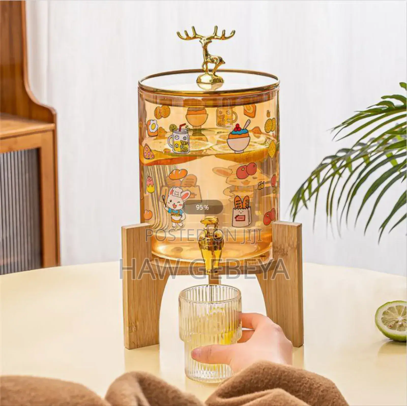 Glass Dispenser Jar With Bamboo Stand and 6 Drinking