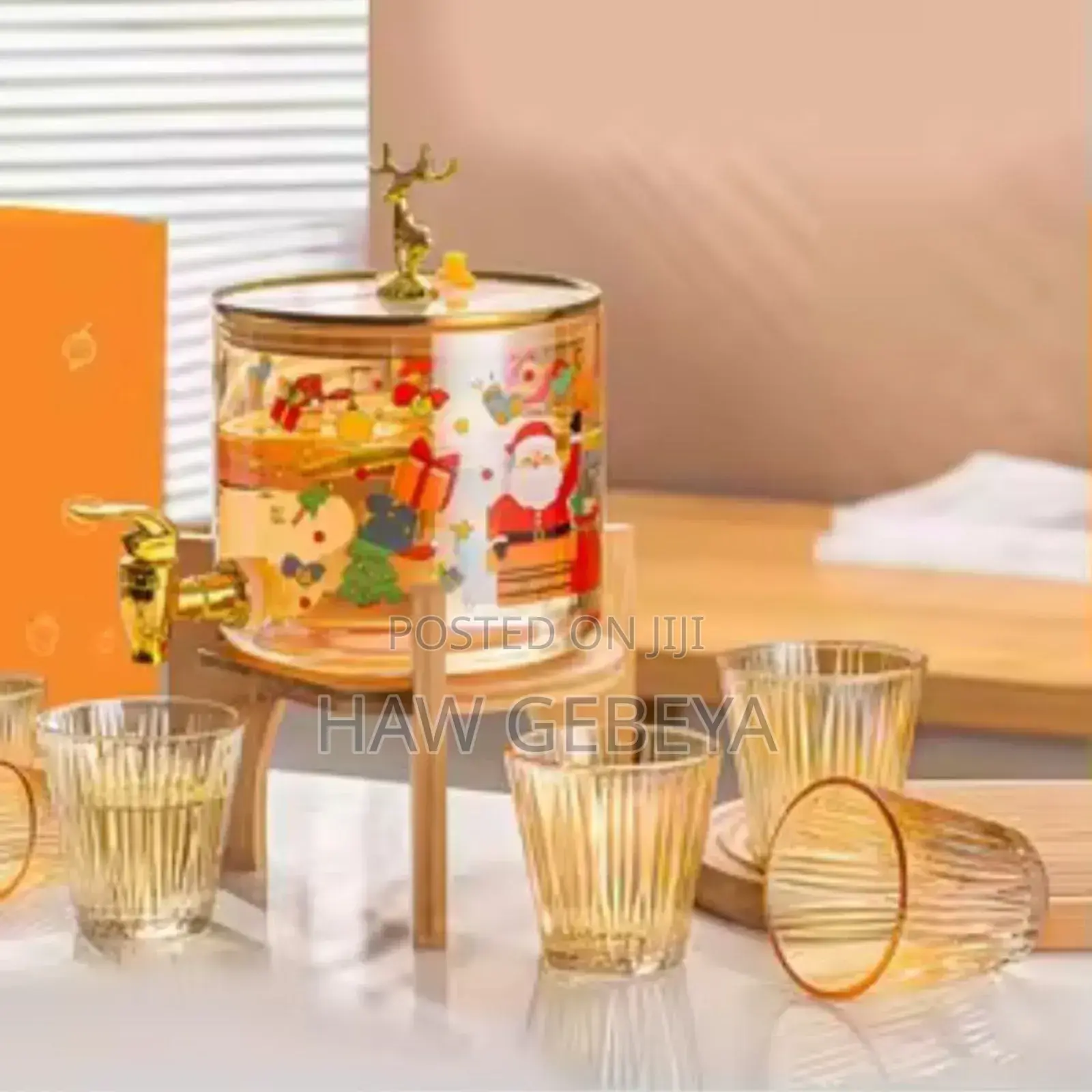 Glass Dispenser Jar With Bamboo Stand and 6 Drinking