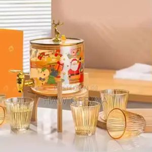 Glass Dispenser Jar With Bamboo Stand and 6 Drinking