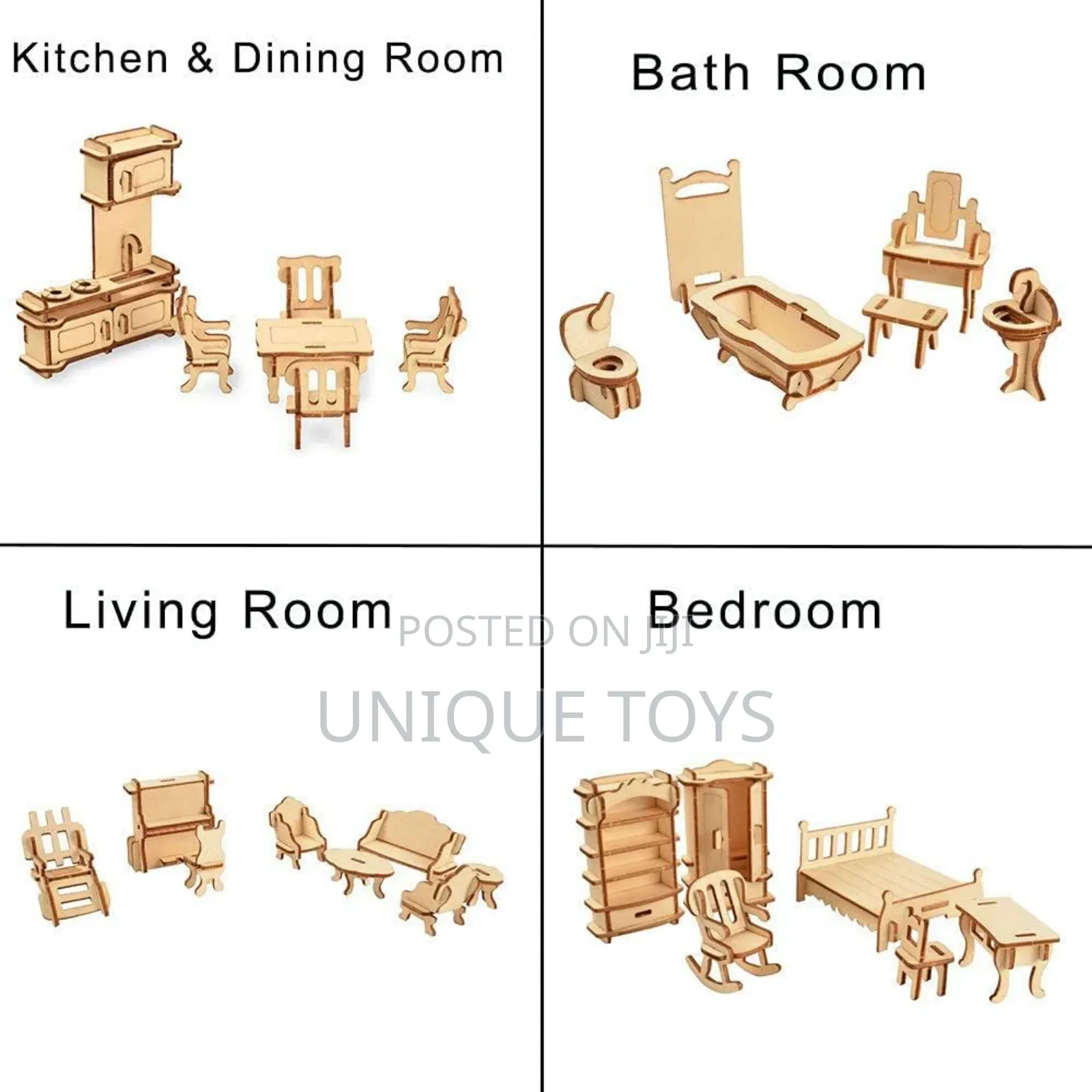 Laser Cut Wooden 3d Dollhouse Furniture Puzzle Set - 34 PCS
