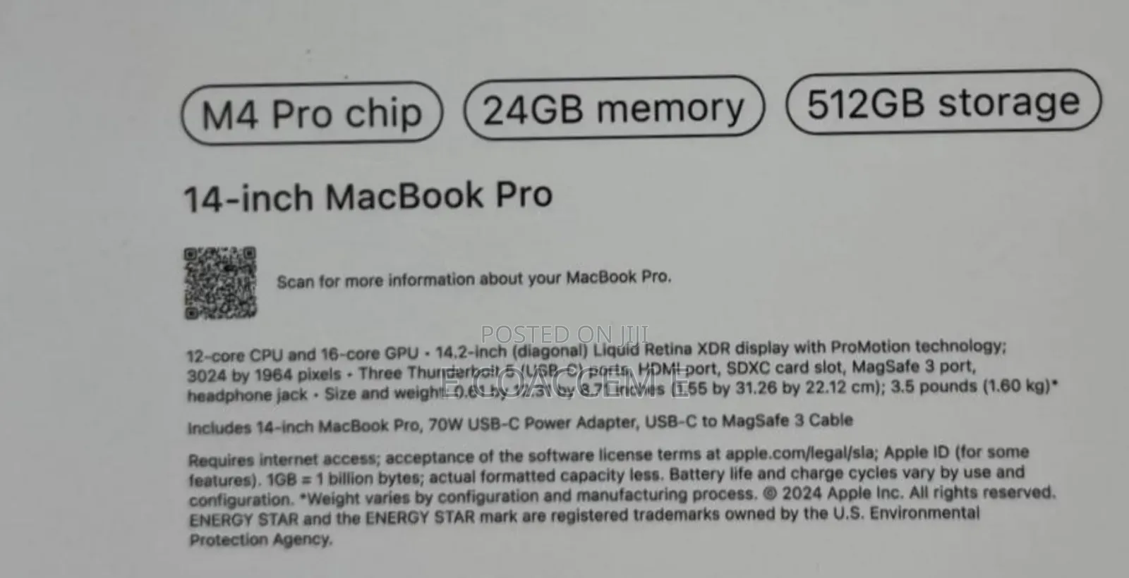 New Laptop Apple MacBook 24GB Apple M4 Pro SSD 512GB