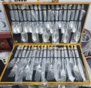 Photo - 36pcs CUTLERY SET WITH CASE Stainless Steelወርቅ ቅብ እጀታ ያላቸው።