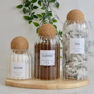 3pcs Glass Food Storage With Ball Shaped Wood Lid