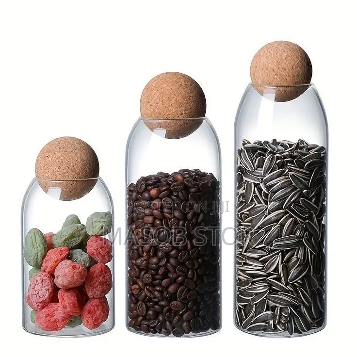 3pcs Glass Food Storage With Ball Shaped Wood Lid