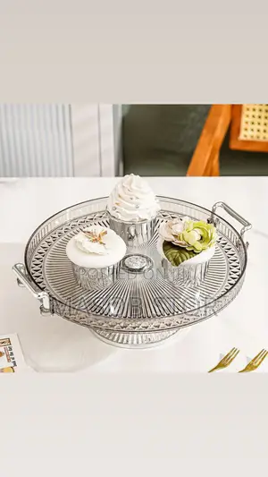 Serving Acrylic Tray Golden Silver Handle / ለኬክ,ለፍሩት ማቅረቢያ