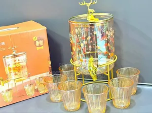 Glass Dispenser With 6 Glass Cup Wood Stand 3.6 Liter