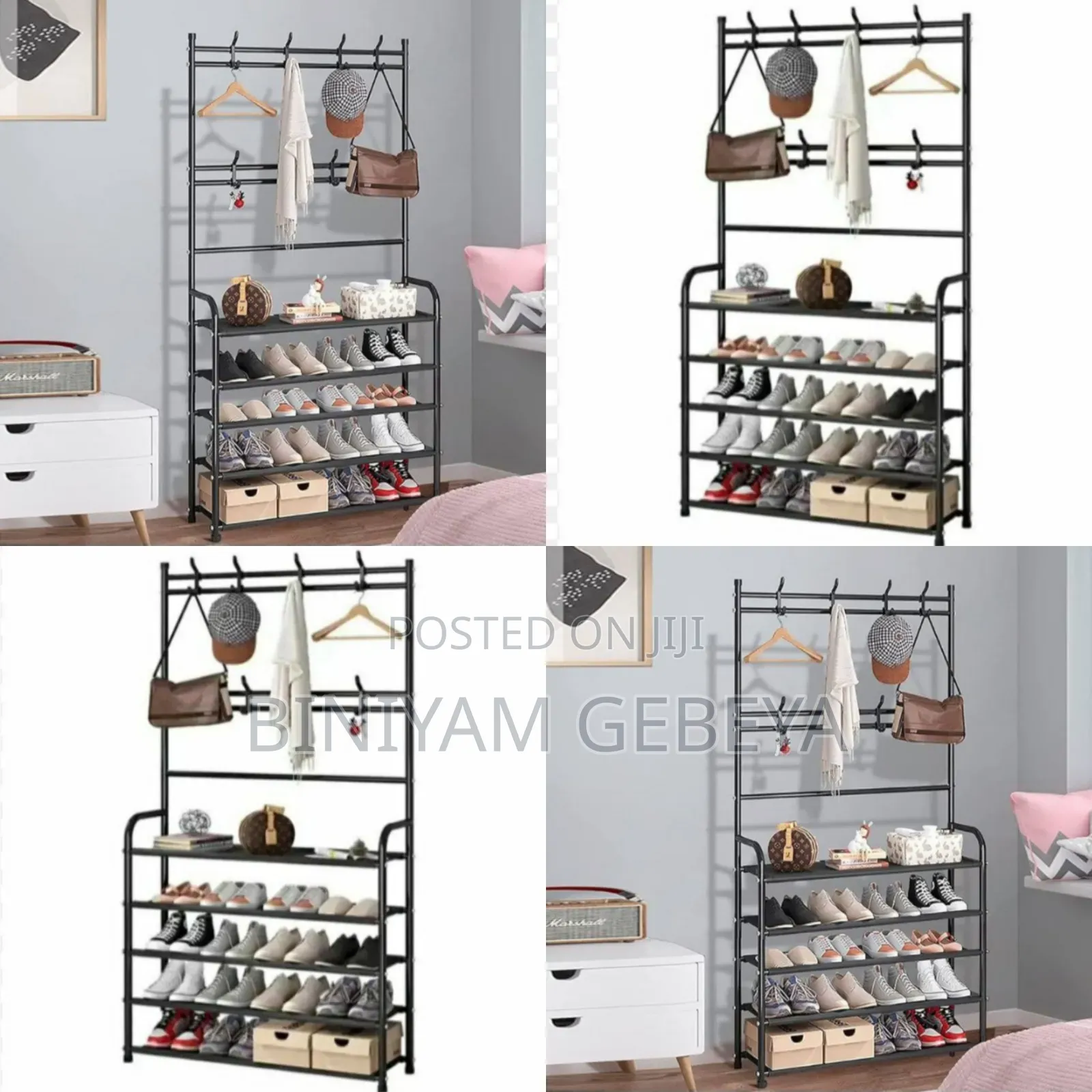 ከጠንካራ ብረት የተሰራ Rack 5 የጫማ መደርደሪያ እና ቦርሳ ቁልፍ መስቀያ ያለው