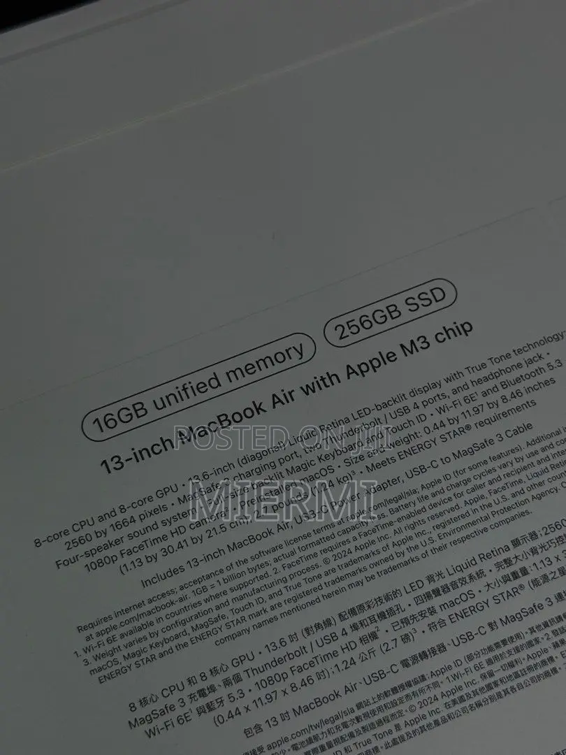 New Laptop Apple MacBook Air 2024 M3 13-Inch 16GB Apple M3 SSD 256GB