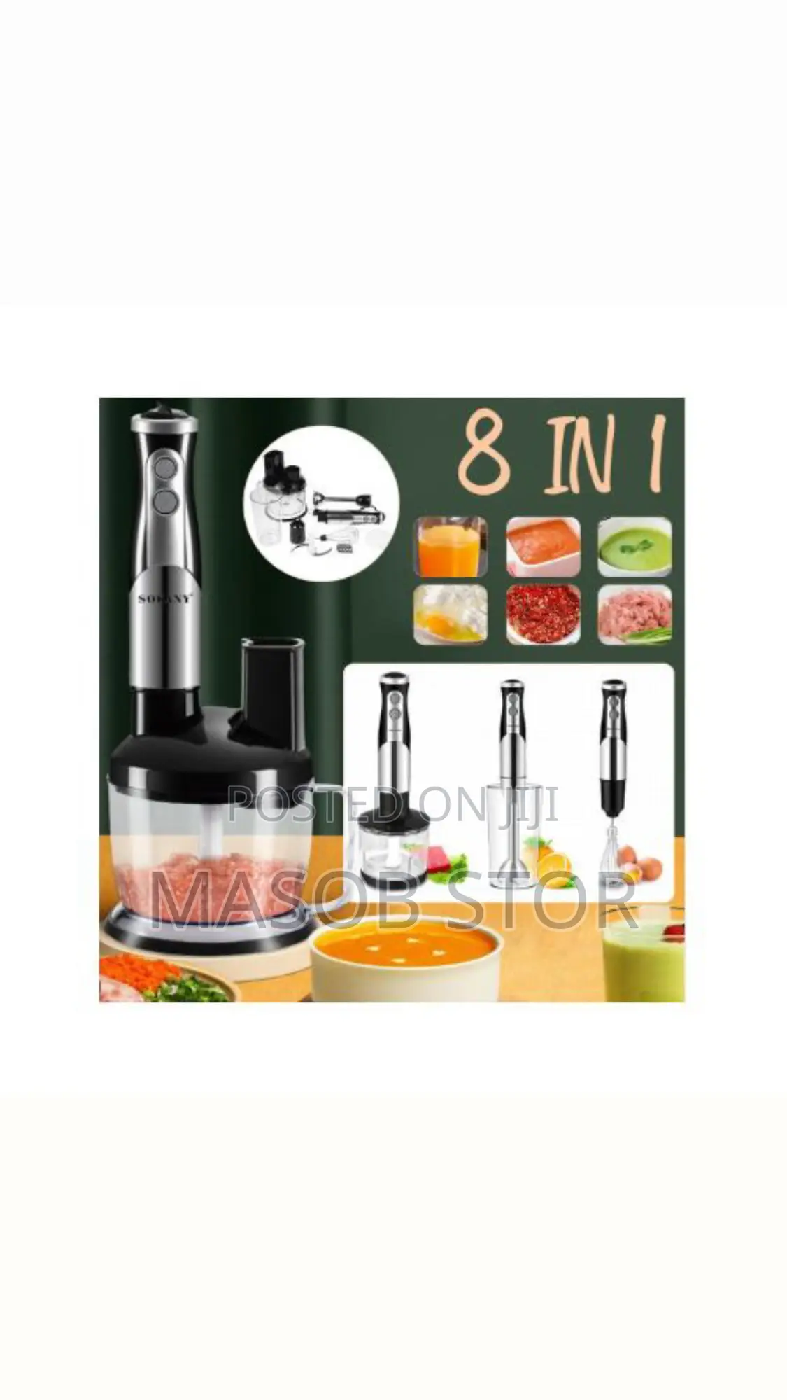Sokany 8 In 1 Hand Blender/ ጁስ፣ሽንኩርት፣ ስጋ እና አትክልቶችን ይፈጩበታል