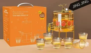 Glass Dispenser Jar With Bamboo Stand and 6 Drinking Glasses