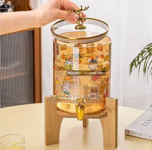 Glass Dispenser Jar With Bamboo Stand and 6 Drinking Glasses