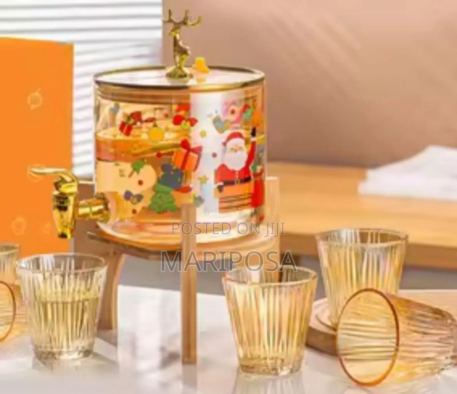 Glass Dispenser Jar With Bamboo Stand and 6 Drinking Glasses