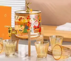 Glass Dispenser Jar With Bamboo Stand and 6 Drinking Glasses
