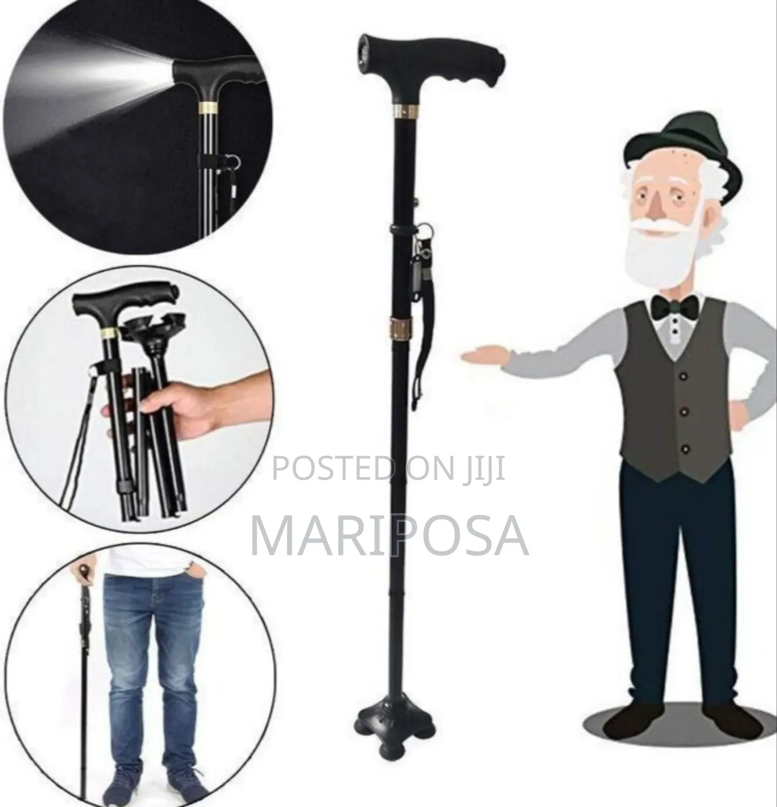 Adjustable Anti-Slip Walking Stick With Led Light