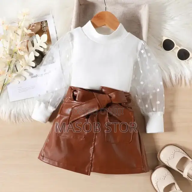 Girls Casual Mesh Sleeve Top and Short Skirt With Belt
