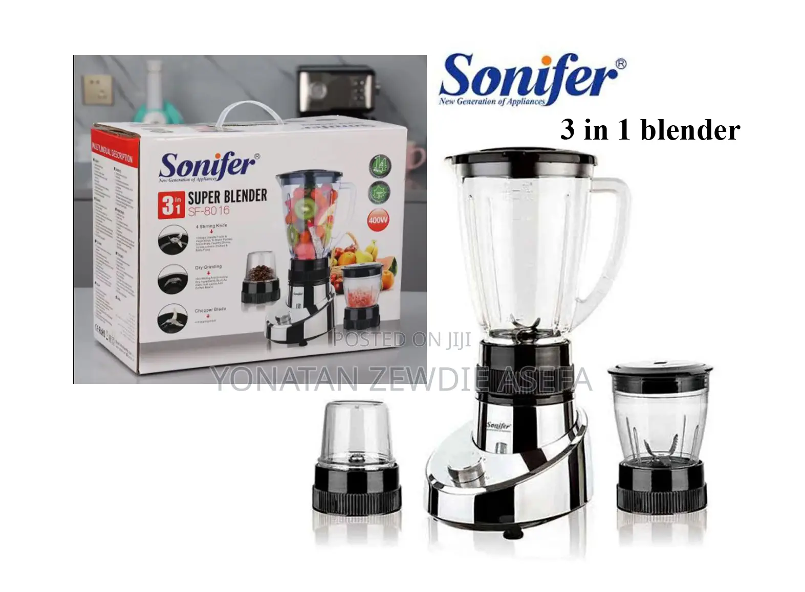 Sonifer 3 in 1 Blender ጁሰር/መፍጫ 400 Watts