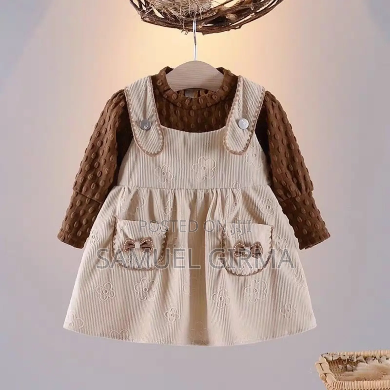 Mk-0564 Toddler Girls Lantern Sleeve Bow Decor Pocket Dress