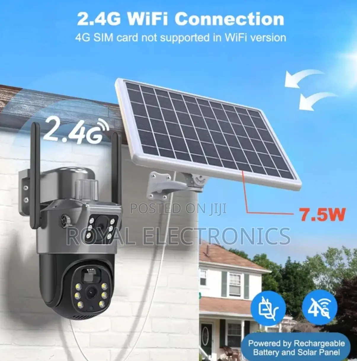 ባትሪ ያለው በፀሀይ ብርሀን ቻርጅ መደረግ ሚችል Sim Card የሚቀበል Dual Lens CCTV