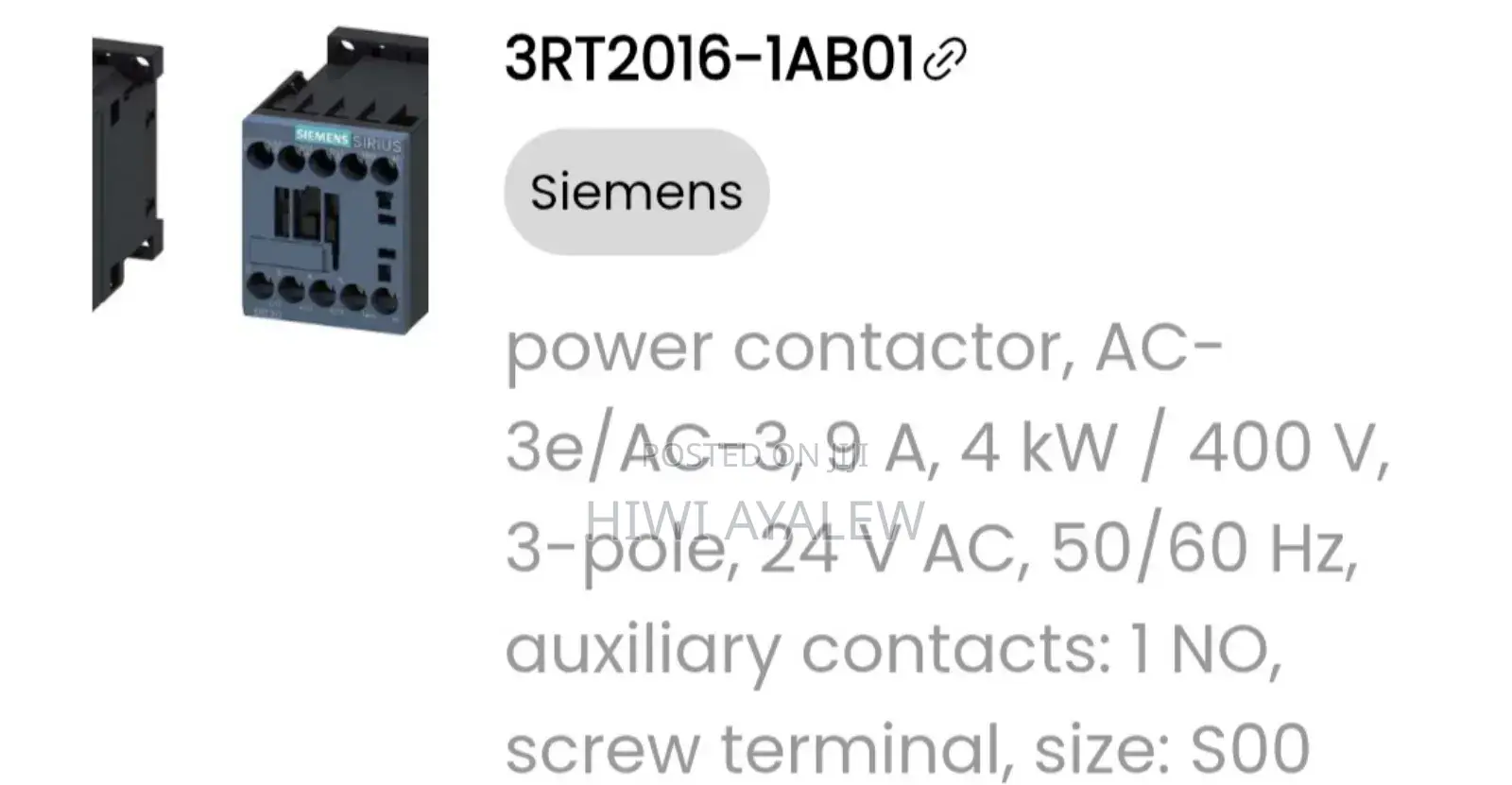 Power Contactor Siemens Germany Model 3rt2016-1ab01