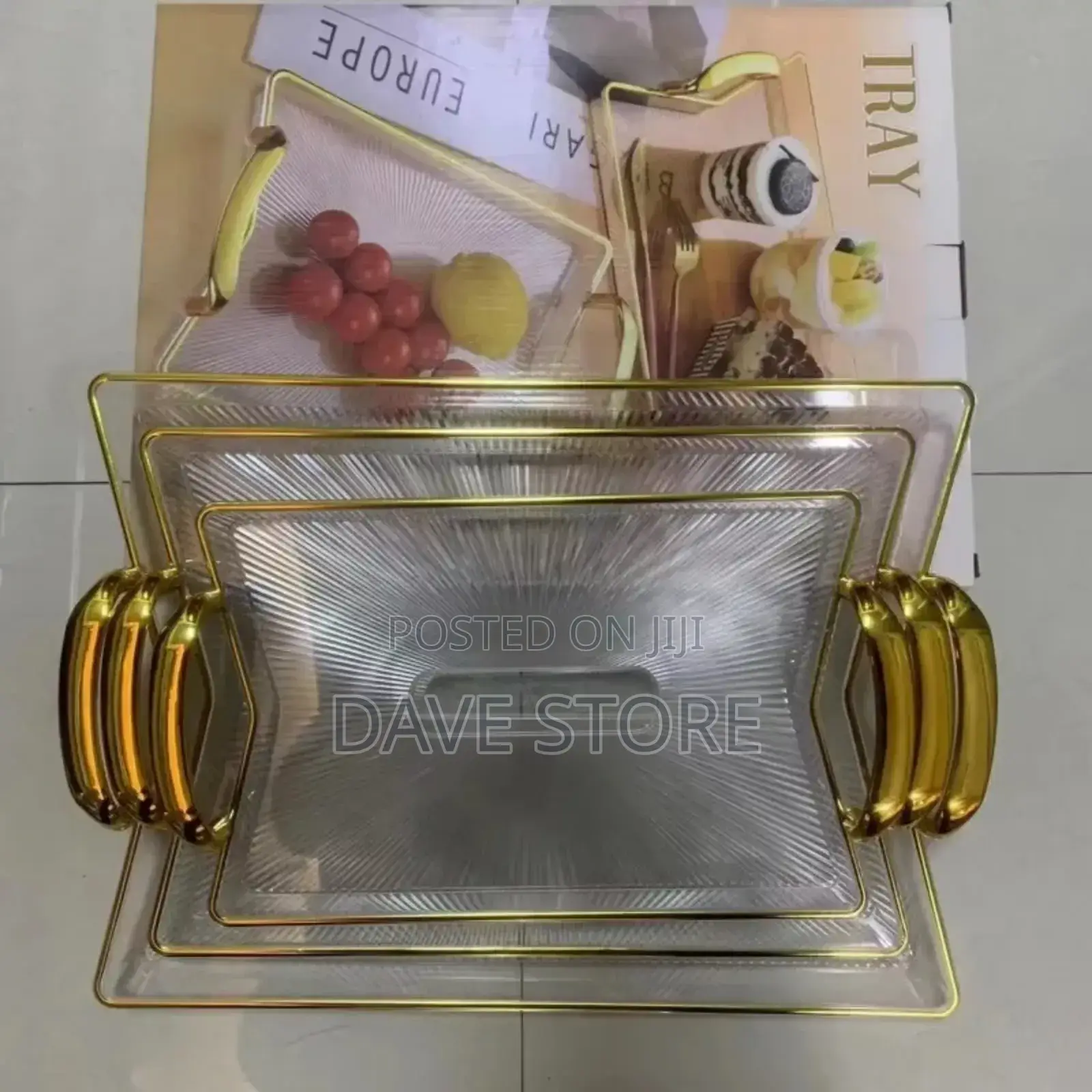 3 Sets Serving Tray With Golden Handle