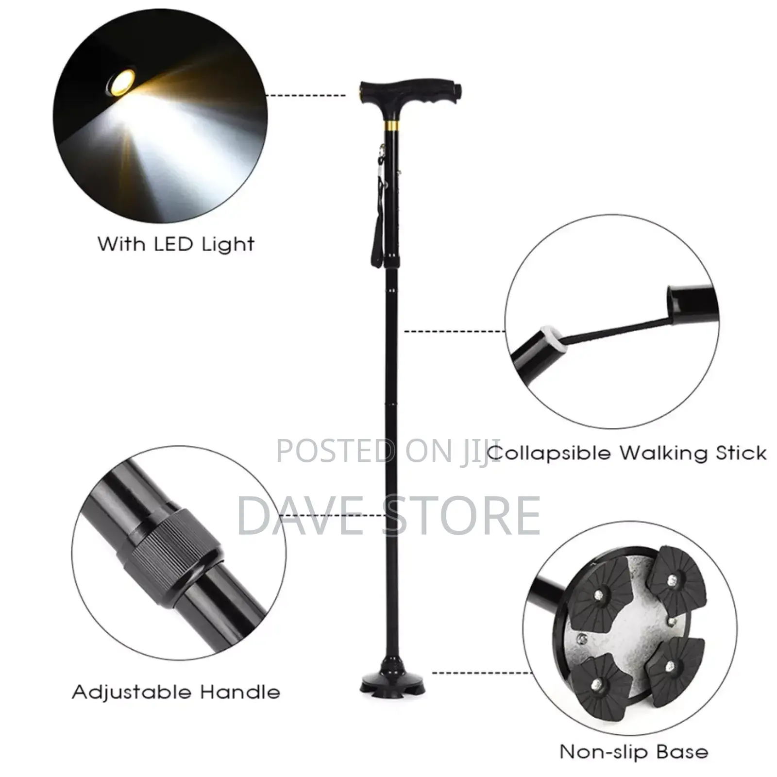Adjustable Anti-Slip Walking Stick With Led Light