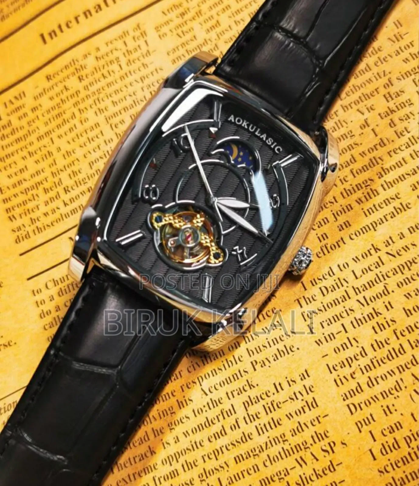 Full Black Aokulasic Watch Leather Strap