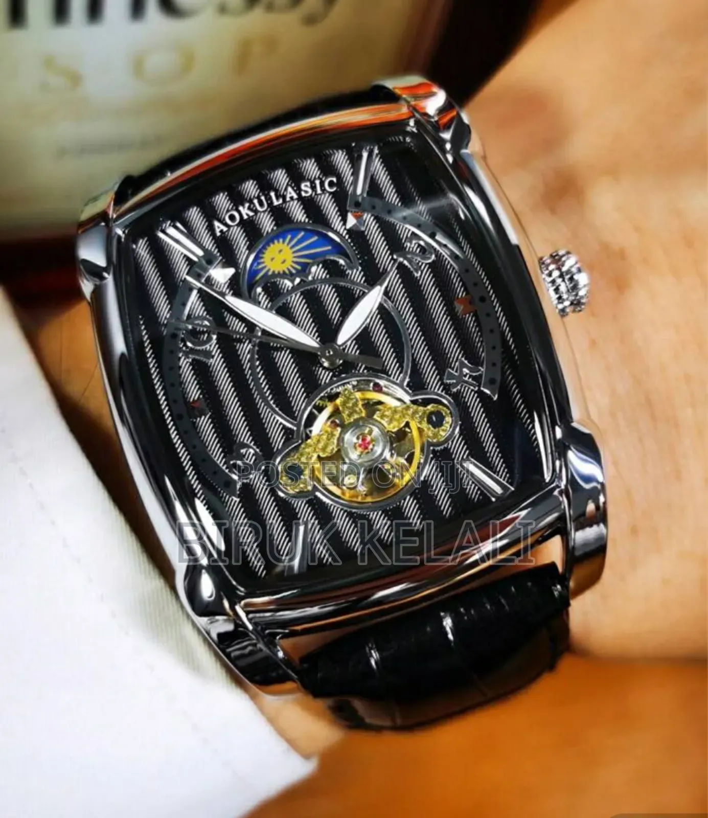 Full Black Aokulasic Watch Leather Strap