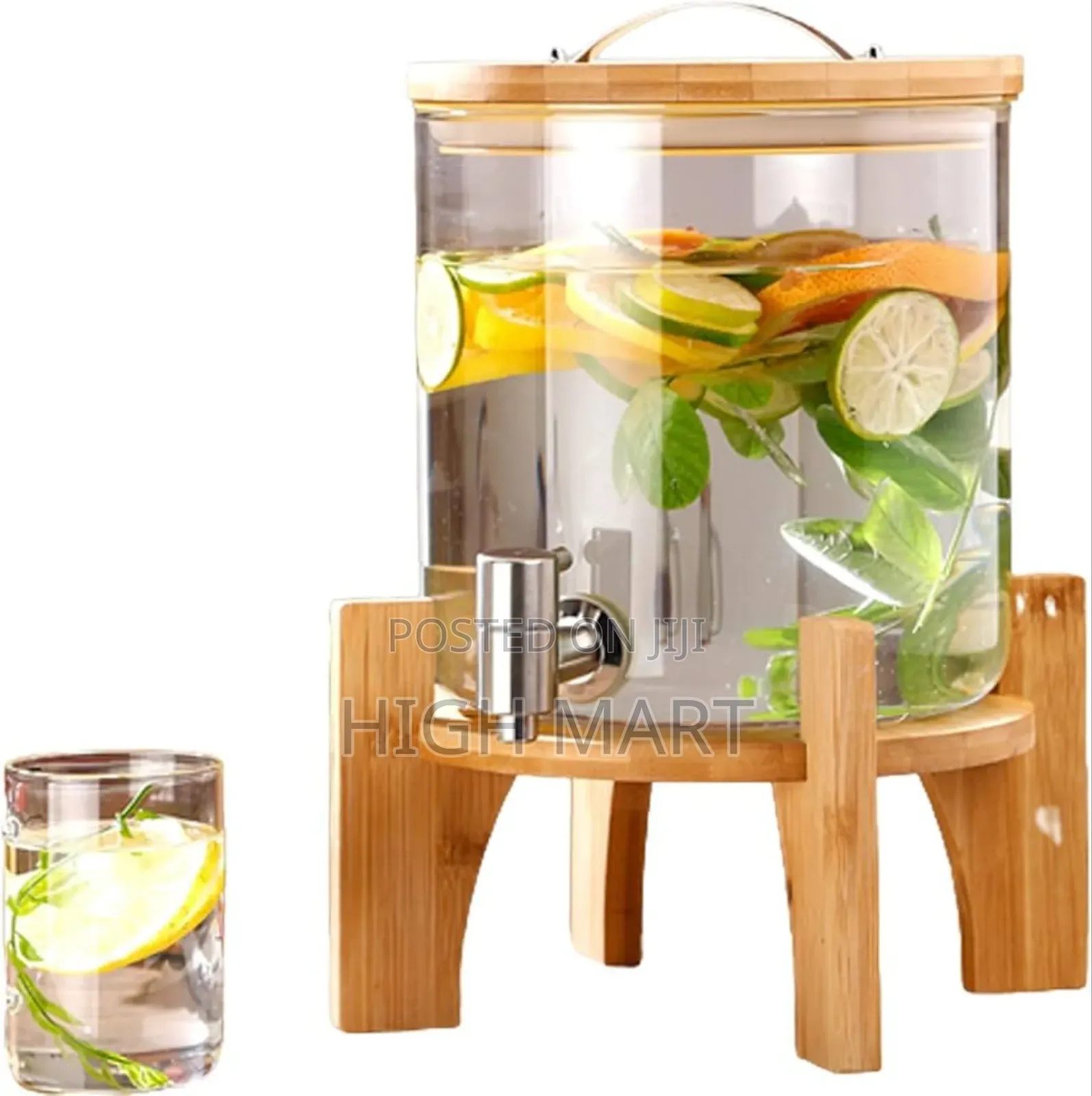 Glass Dispenser Jar With Bamboo Stand and 6 Glasses