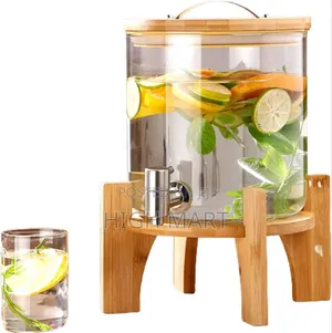 Glass Dispenser Jar With Bamboo Stand and 6 Glasses
