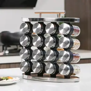 16 Set Spice Carousel Glass Jar With Rack