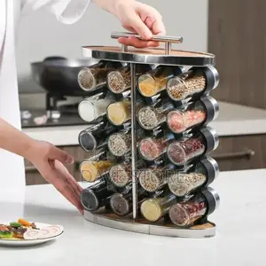 16 Set Spice Carousel Glass Jar With Rack