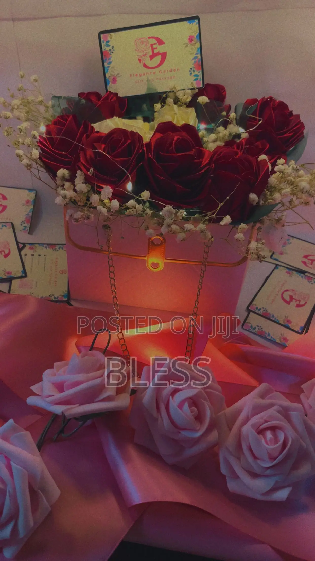 Red And White Ribbon Flowers With White Bag And Led Lights