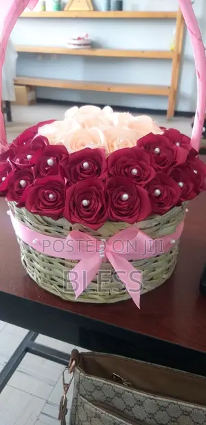 Photo - Basket  Flowers With Ribbons and Perl