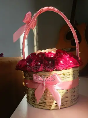 Basket  Flowers With Ribbons and Perl