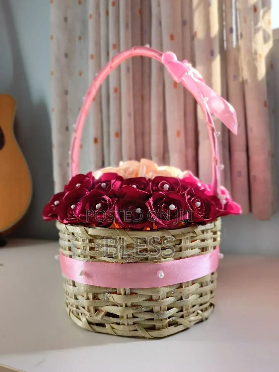 Basket  Flowers With Ribbons and Perl