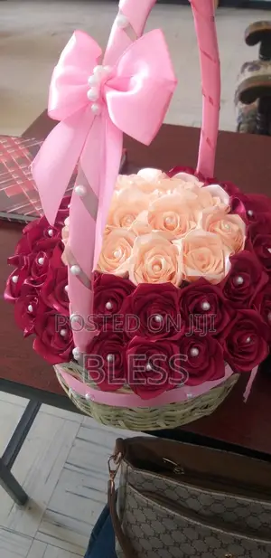 Basket  Flowers With Ribbons and Perl
