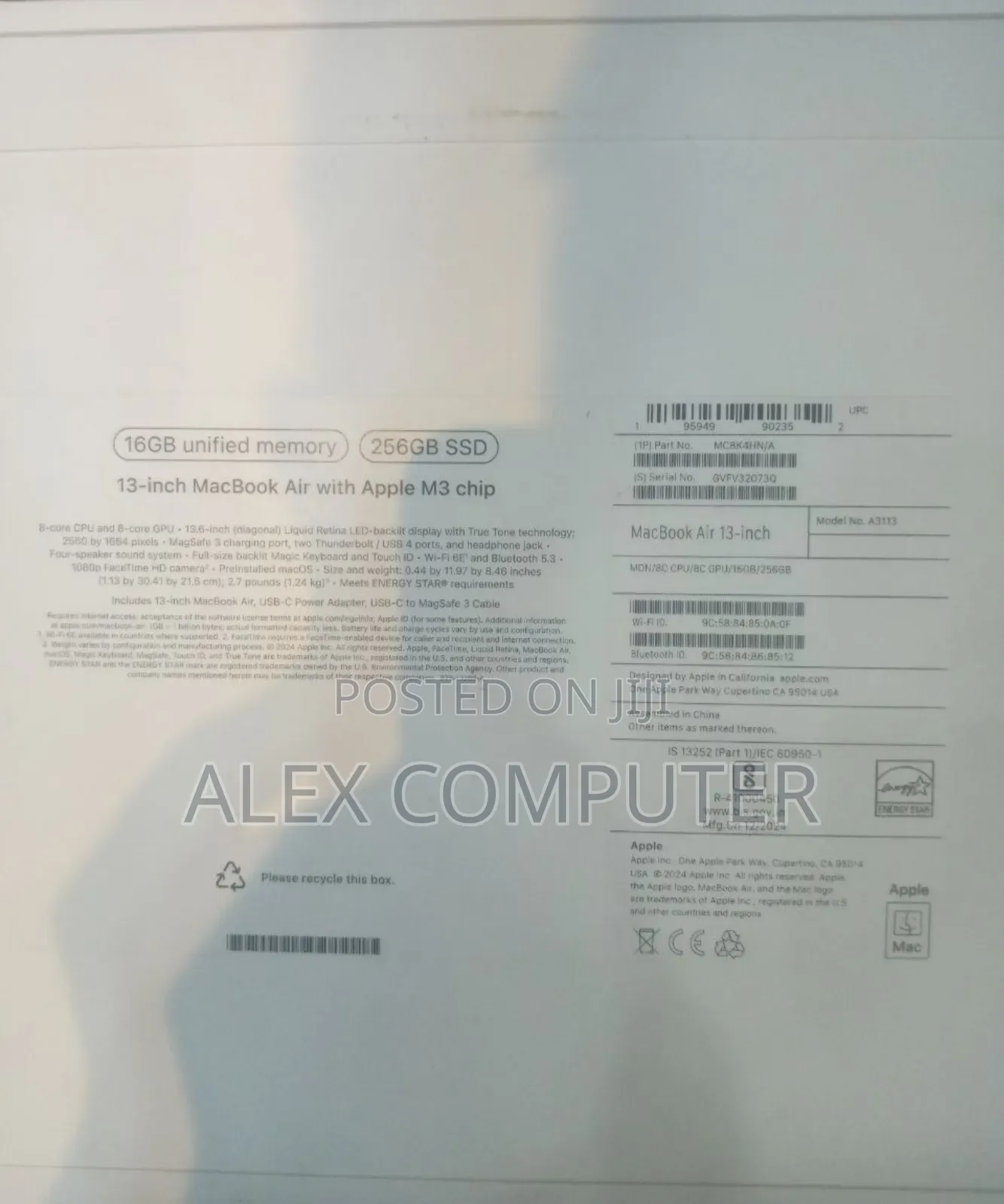 New Laptop Apple MacBook Air 2024 M3 13-Inch 16GB Apple M3 SSD 256GB