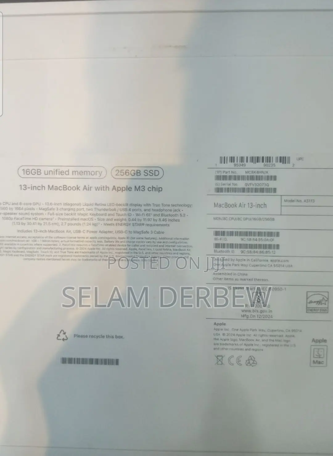 New Laptop Apple MacBook Air 2024 M3 13-Inch 16GB Apple M3 SSD 256GB