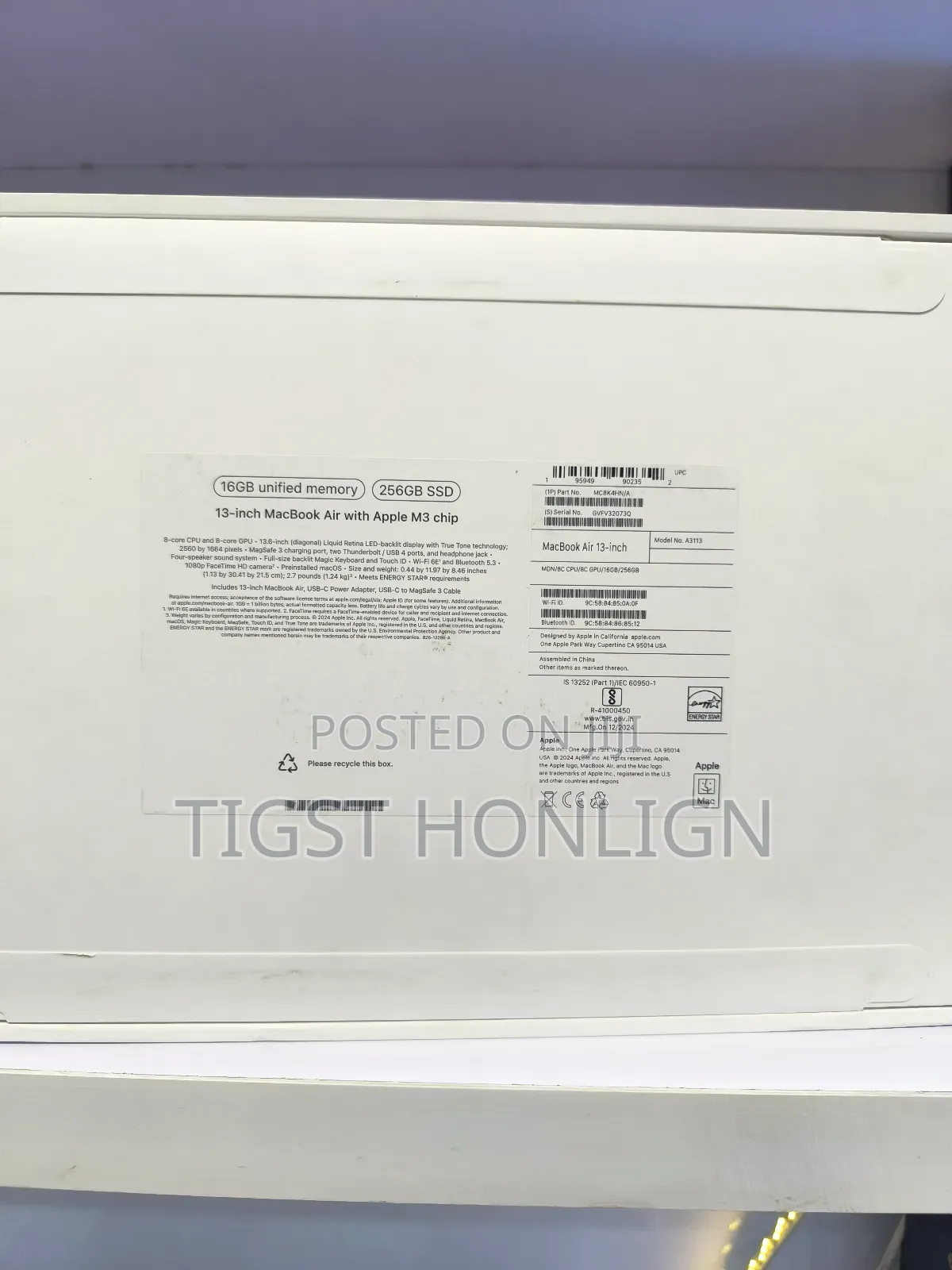 New Laptop Apple MacBook Air 16GB Apple M3 SSD 256GB