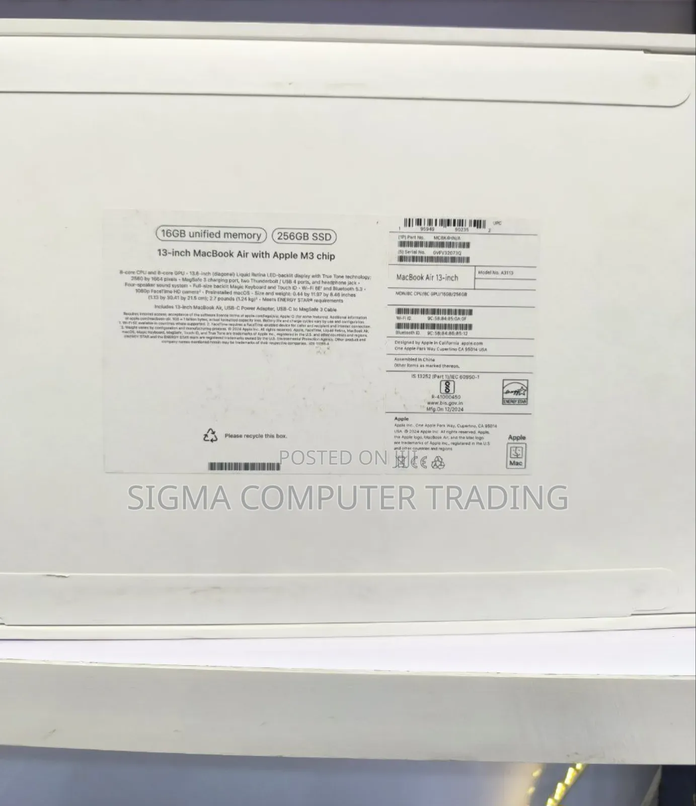 New Laptop Apple MacBook Air 16GB Apple M3 SSD 256GB