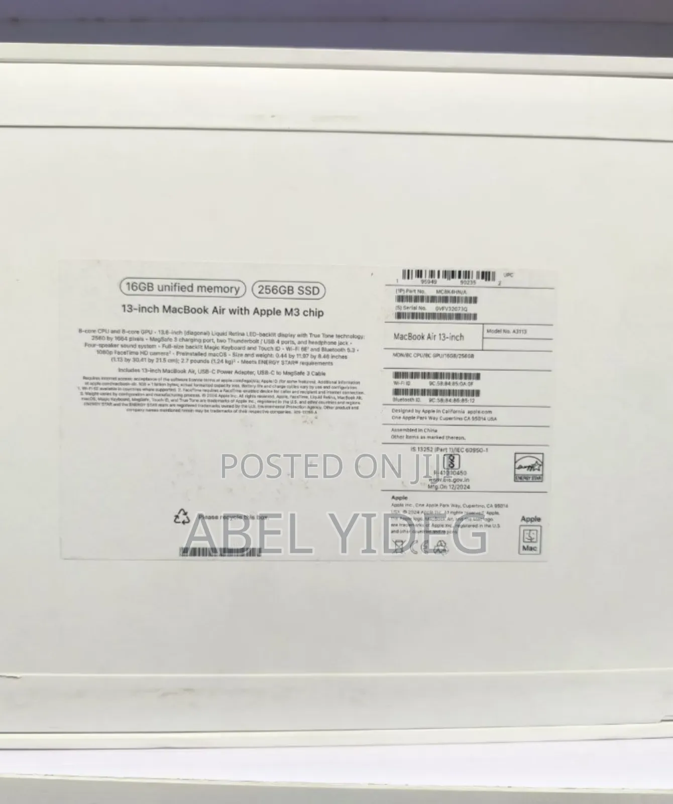 New Laptop Apple MacBook Air 16GB Apple M3 SSD 256GB