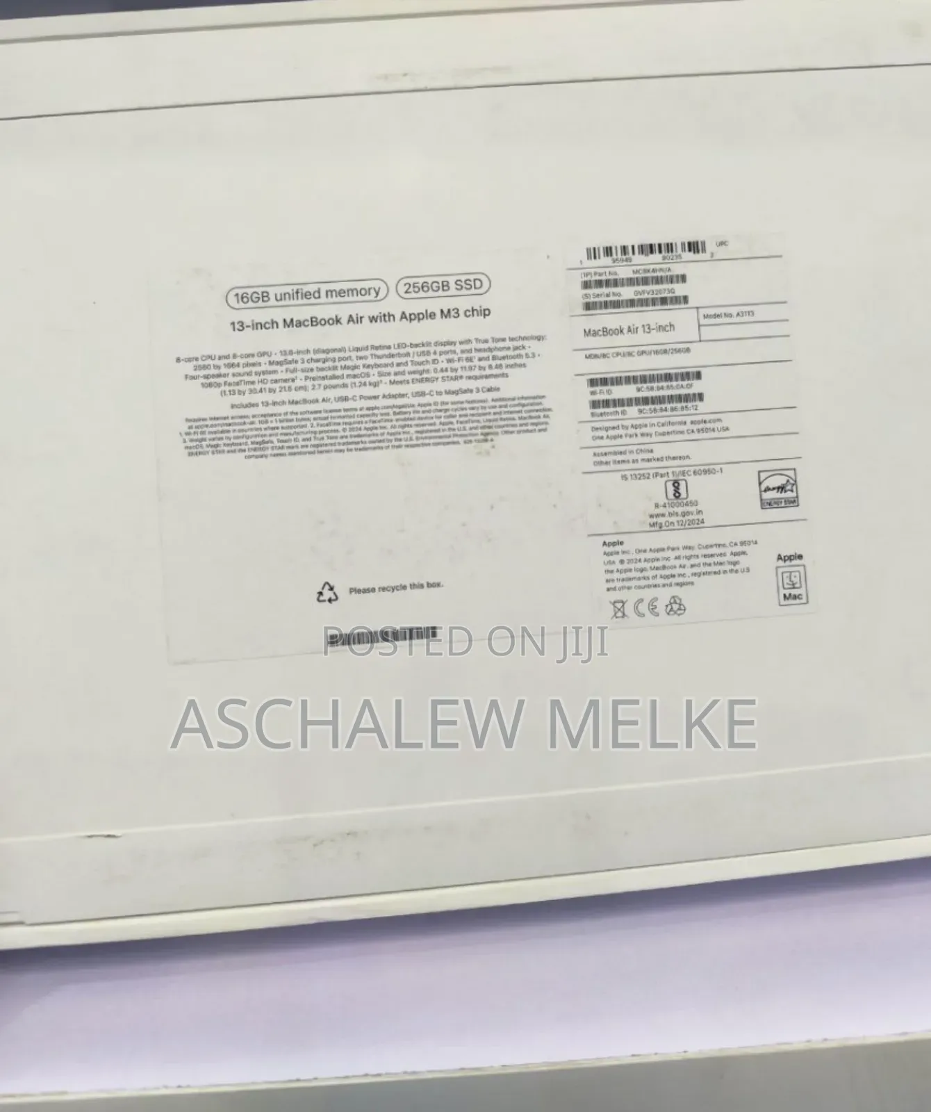 New Laptop Apple MacBook Air 2024 M3 13-Inch 16GB Apple M3 SSD 256GB